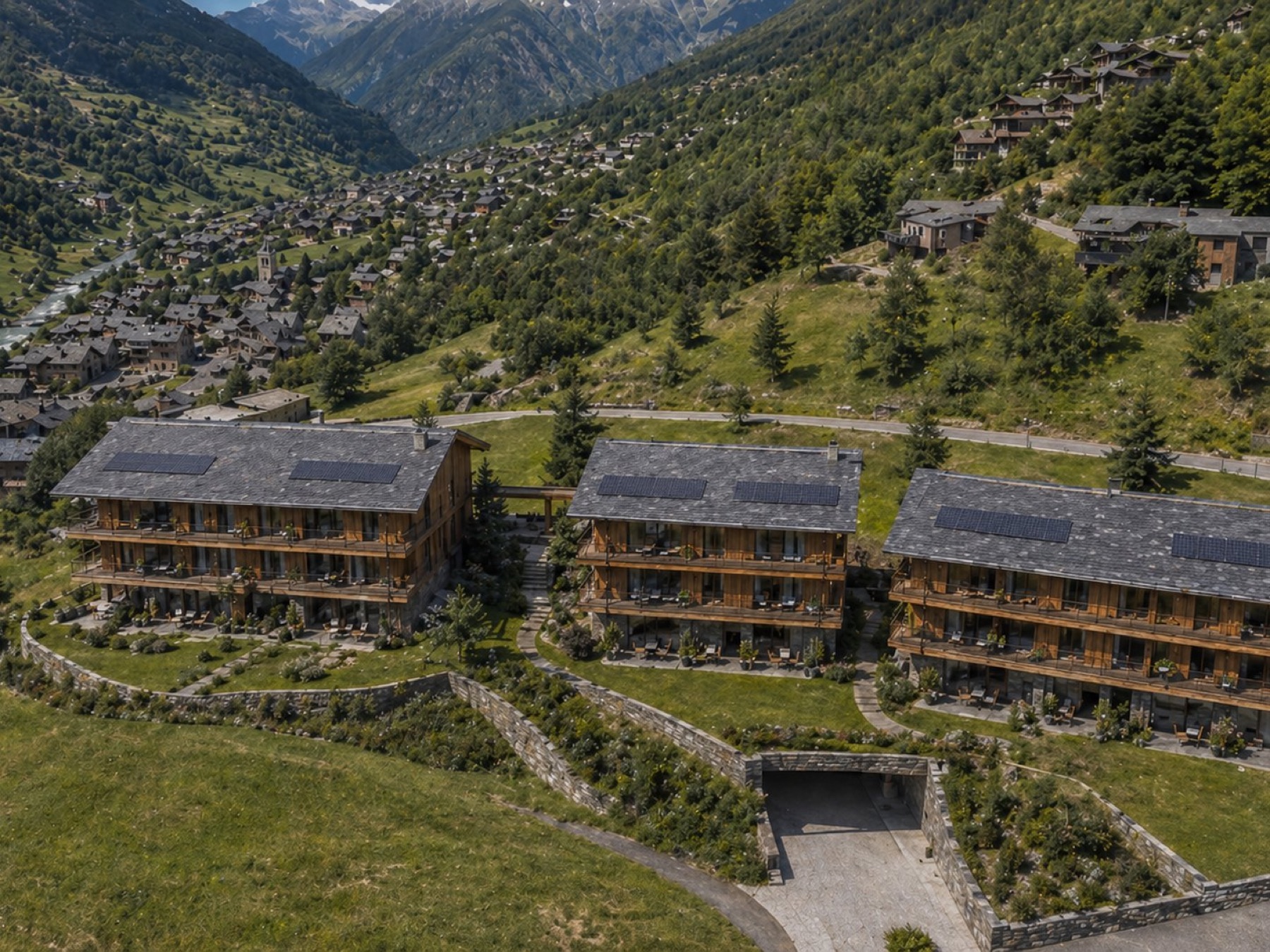 Ordino 2026 · vista aèria dels tres blocs amb accessos comuns. Il·lustració conceptual, sense valor contractual.